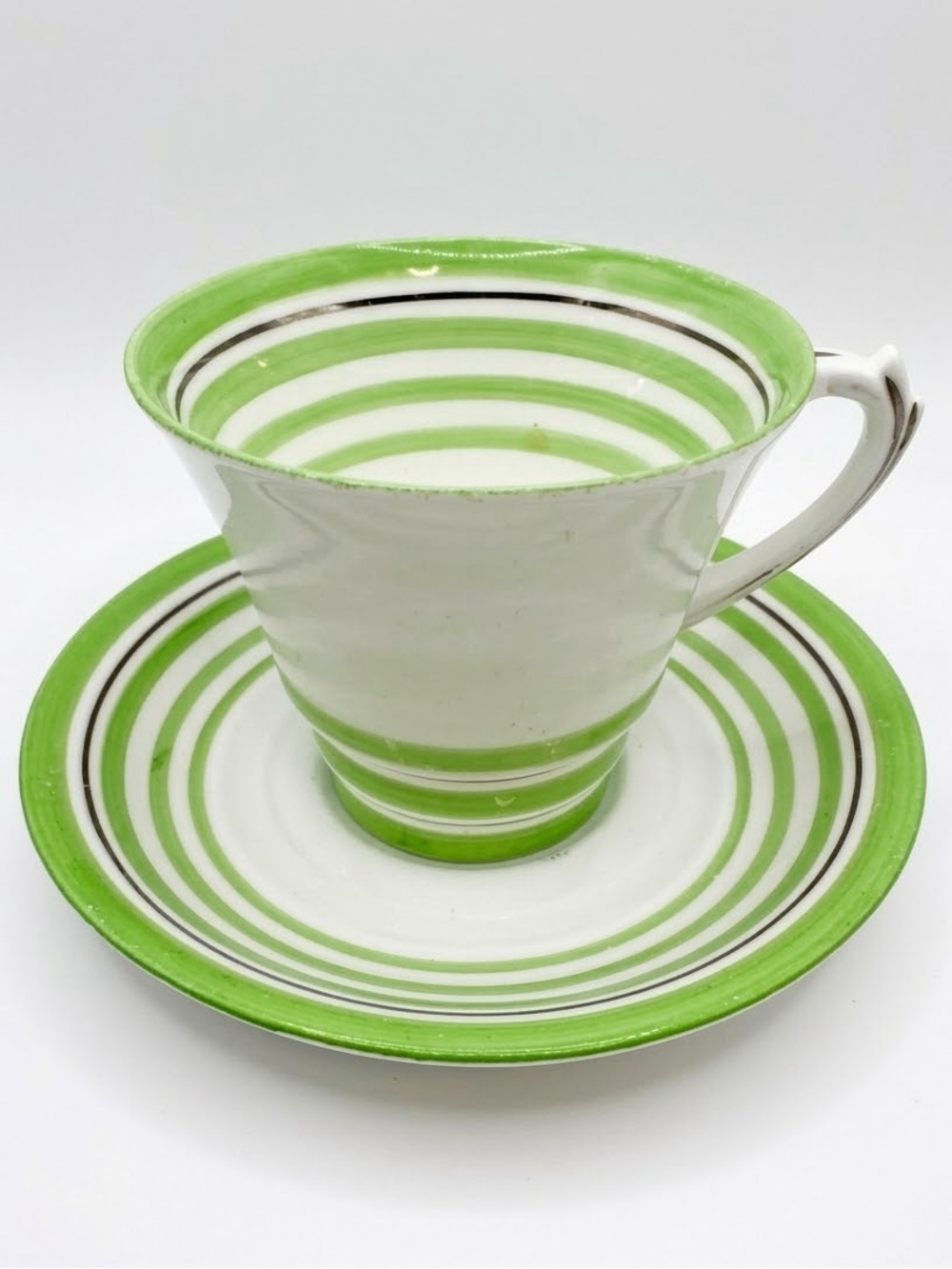 Vintage Roslyn China Green Hand-Painted Banded Teacup & Saucer Set
